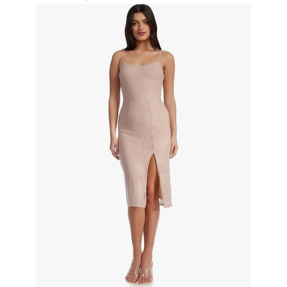 NEW Dress the Population Zahra Lace Front Slit Midi Dress Blush Size XS - Picture 4 of 8